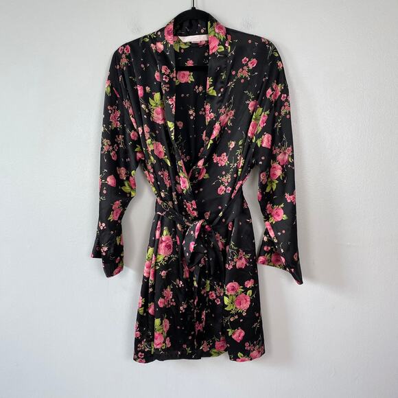 Victoria's Secret Y2K Satin Robe Black Floral Kimono Waist Tie Pink VTG One Size - Picture 1 of 13